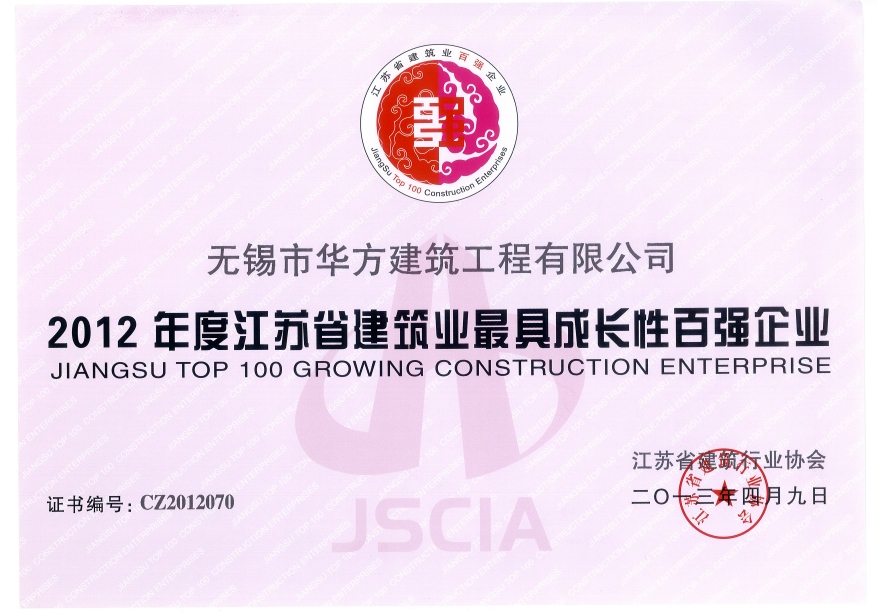 2012年度江蘇省建筑業(yè)最具成長(zhǎng)性百?gòu)?qiáng)企業(yè)